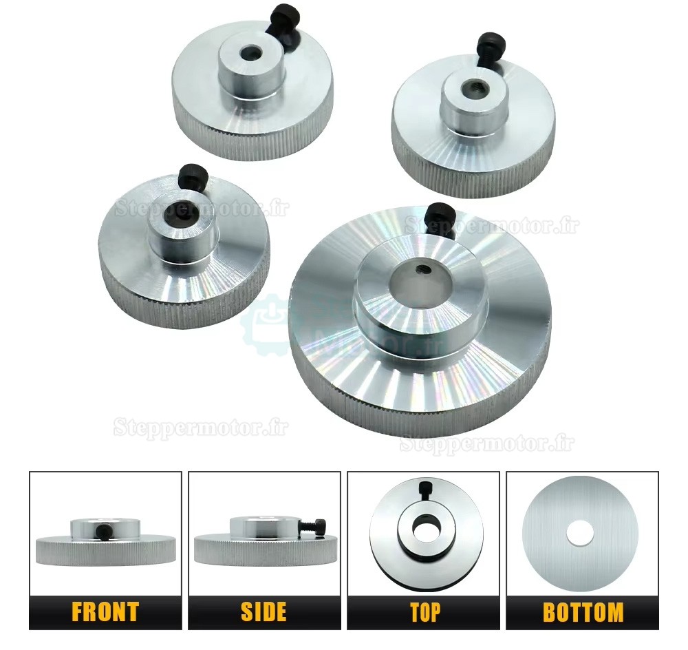Volant en alliage d'aluminium pour moteur pas &agrave; pas Nema 17/23/34, diam&egrave;tres 5 mm, 6,35 mm, 8 mm et 14 mm.